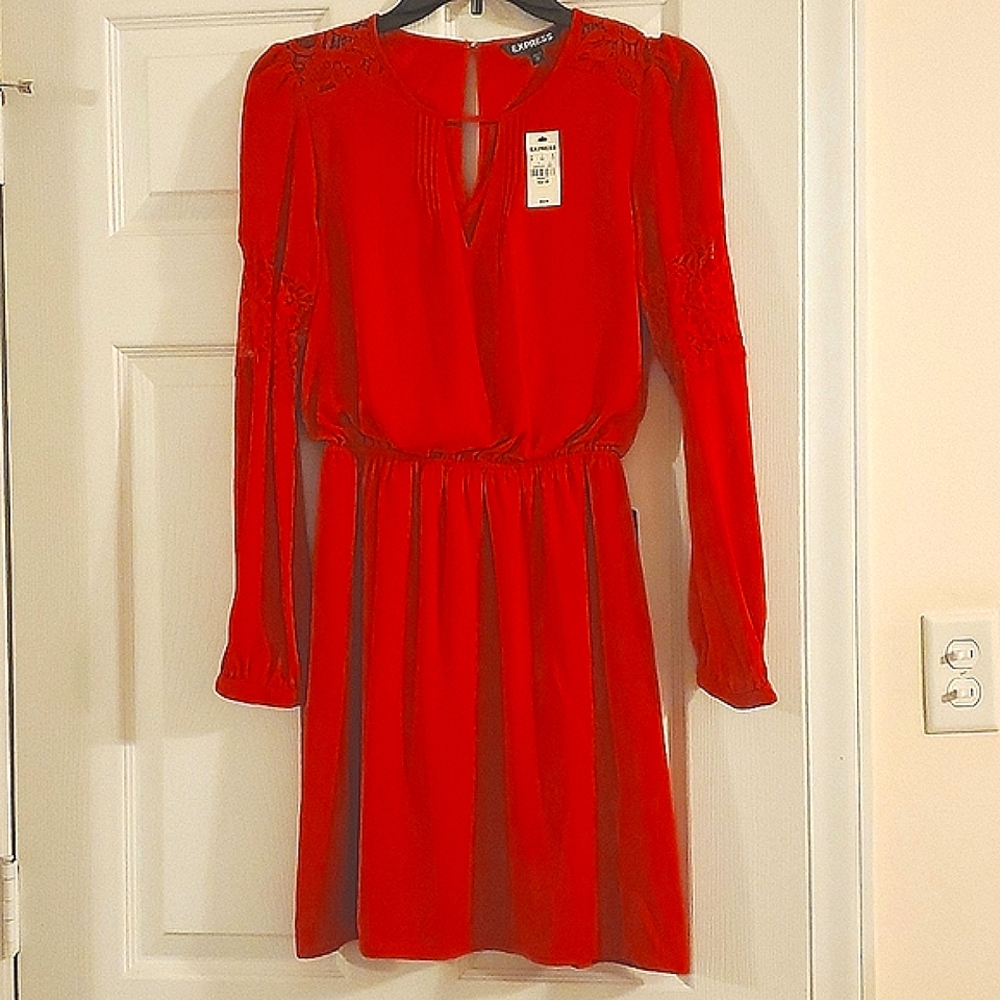 Express xs long sleeve lace flowy dress in red